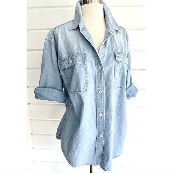 VINCE Cotton Chambray Denim Button Down Work Shirt - L - Picture 1 of 11